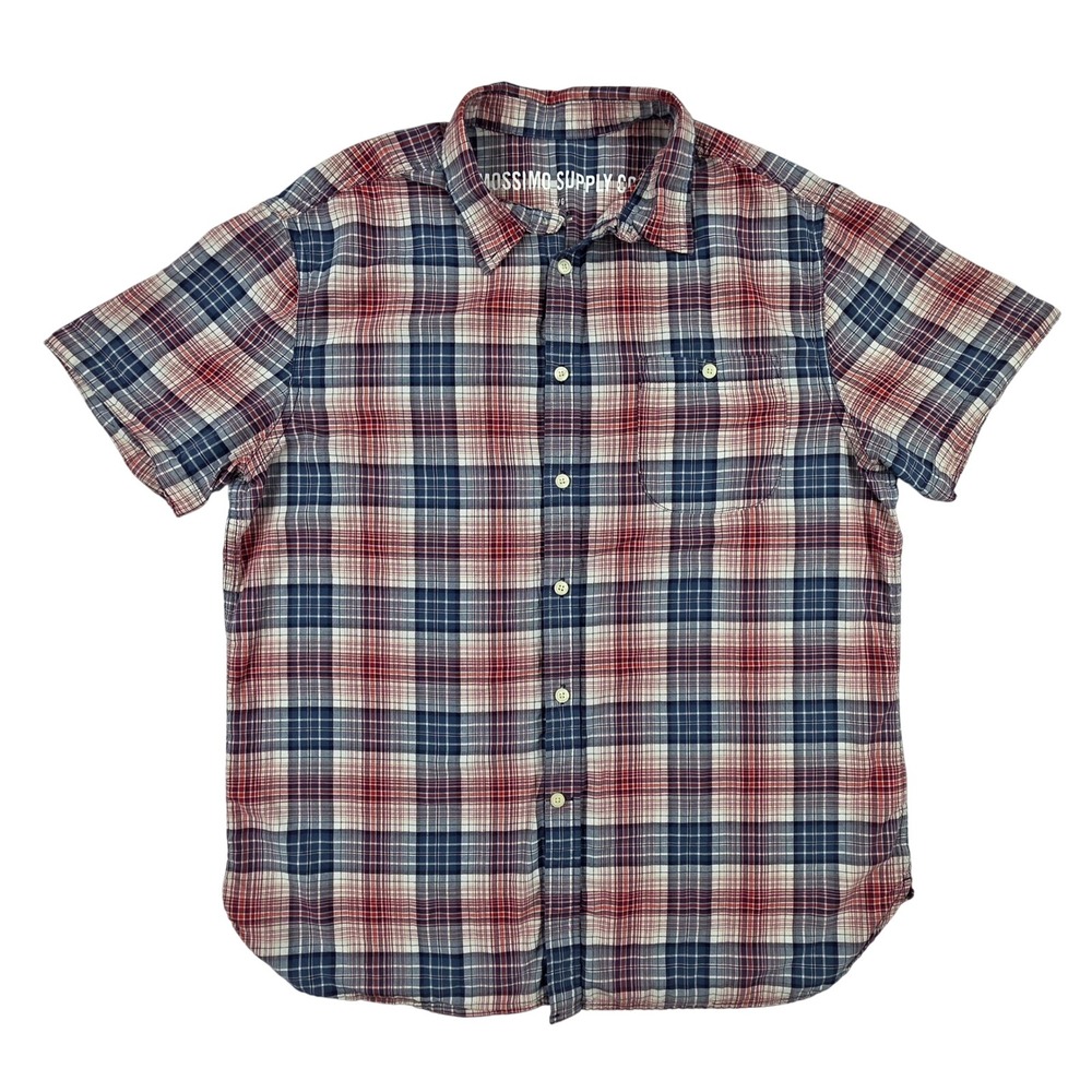 Mossimo Supply Co Mens Large Red Blue White Plaid Short Sleeve Button Down Shirt